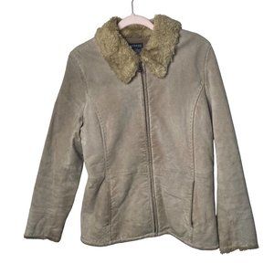 George Women Size Medium 8/10 Brown Genuine Leather Faux Fur Collar Jacket Coat